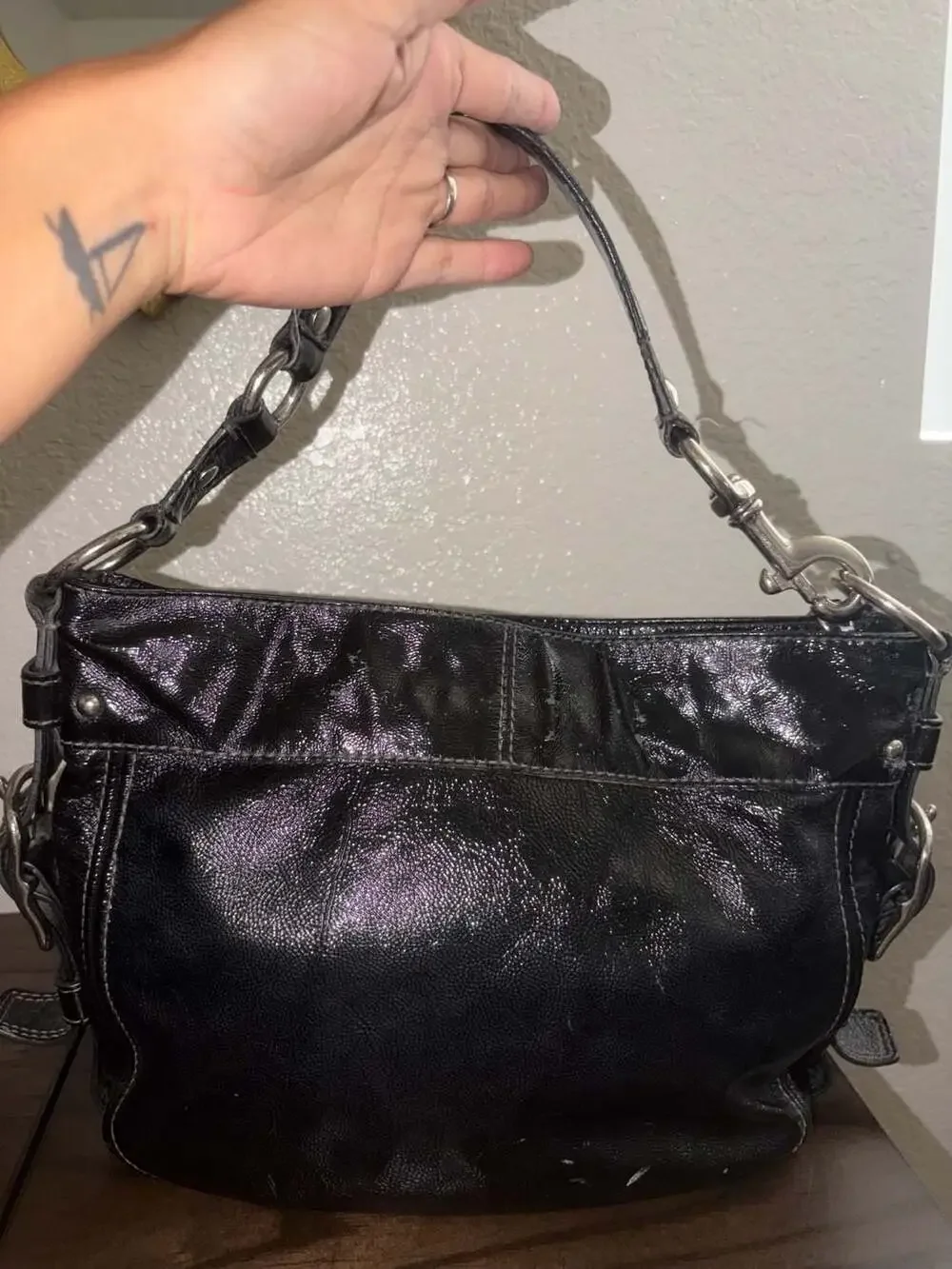 Coach Zoe Black Patent Leather Shoulder Bag with Silver Hardware